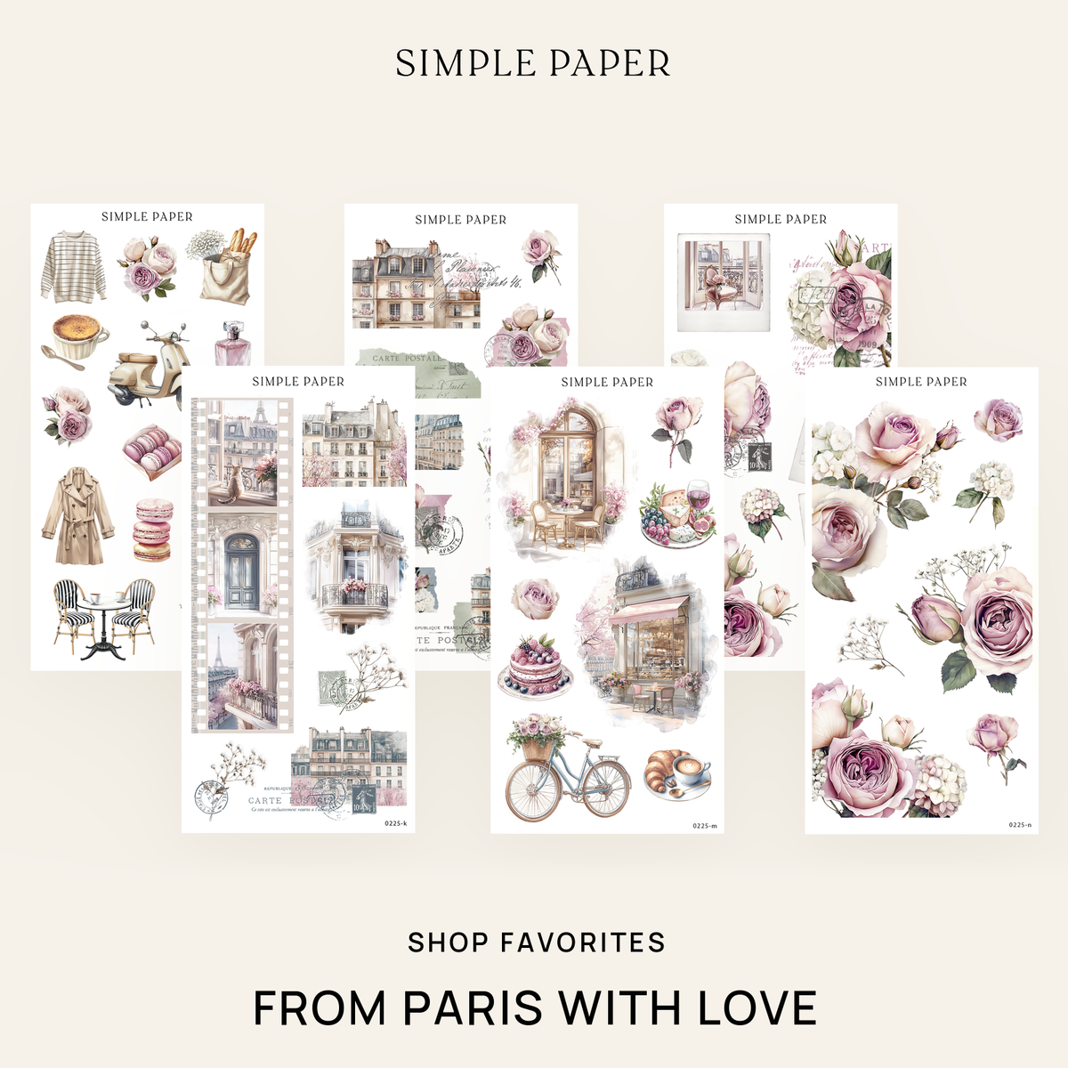 Sticker sheets with building facades, postcard scraps, snapshot frames, cafe items and roses, Shop Favorites bundle