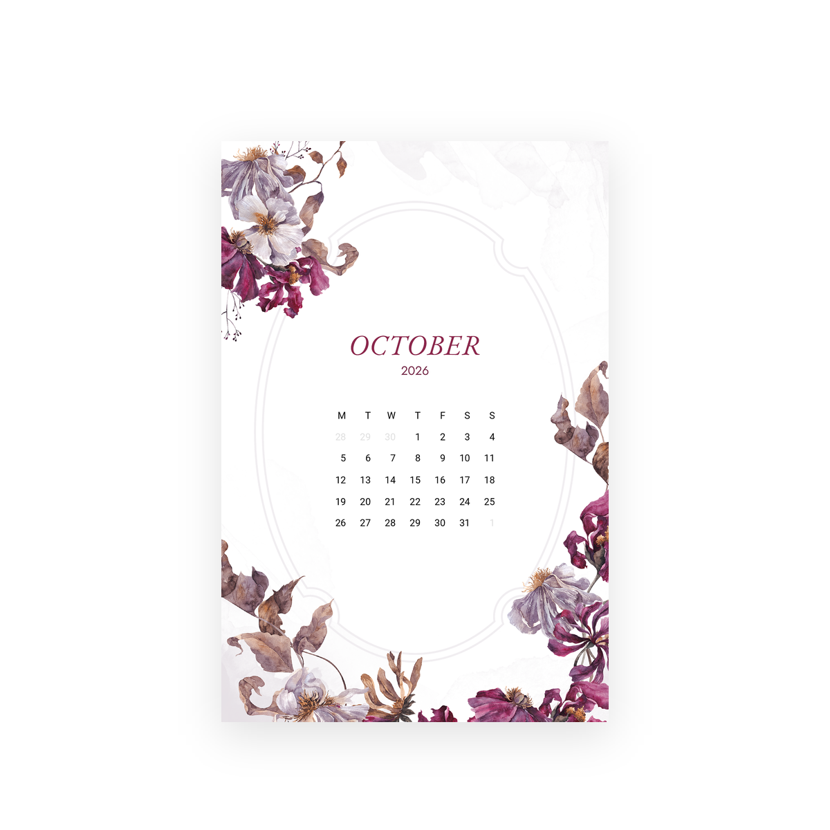 Pretty Season October 2026 Luxe Journaling Card: October calendar framed with plum and cream blooms by Simple Paper