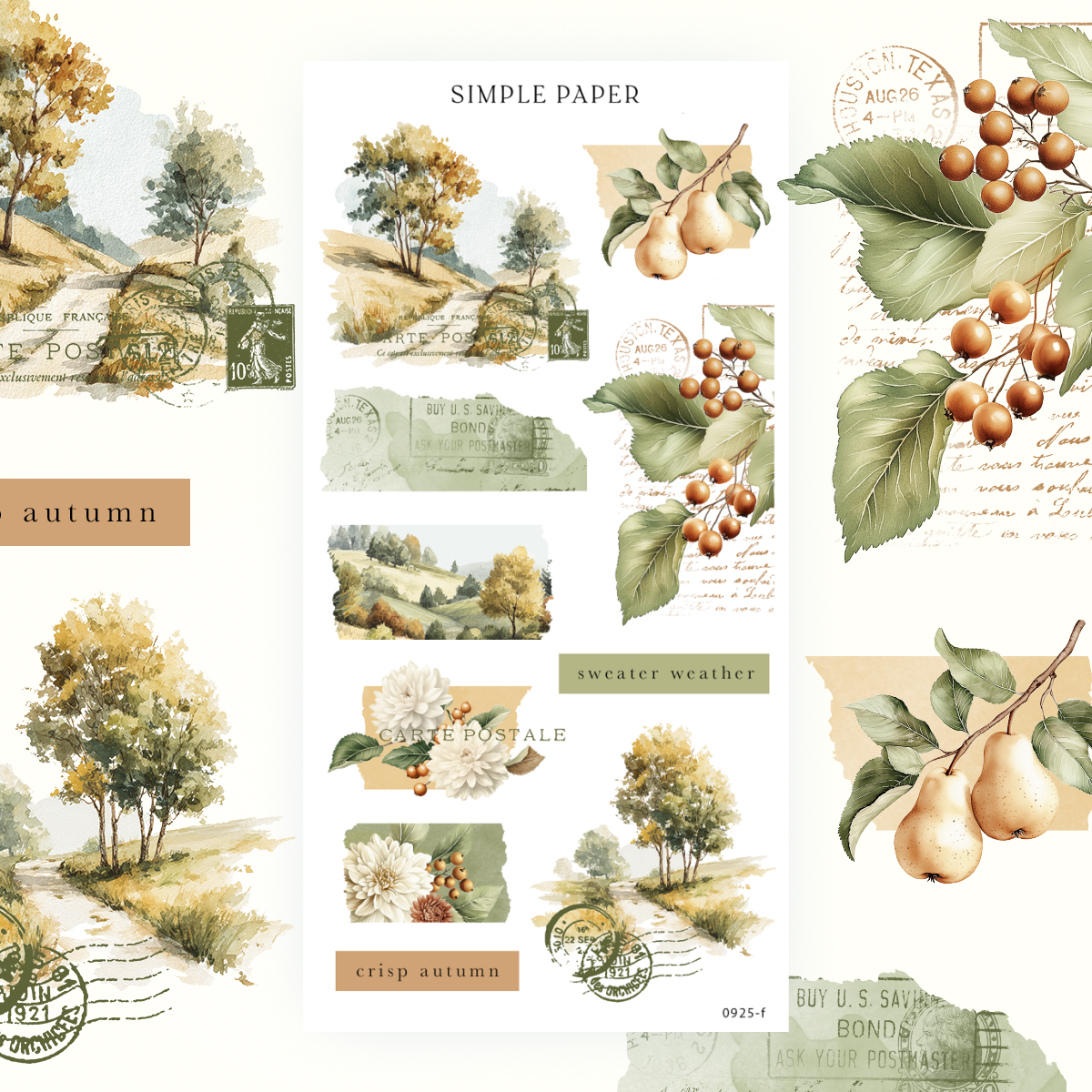 Countryside landscape stickers with hillside trees, a pear branch, and white dahlia flowers, Sheet F