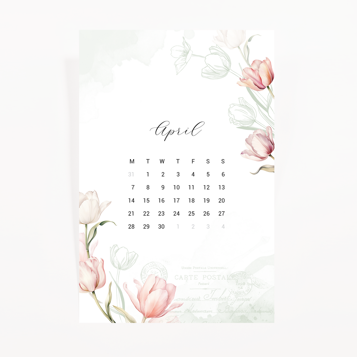 April 2025 calendar journaling card with watercolor pink and white tulips and vintage postcard stamps on a sage wash