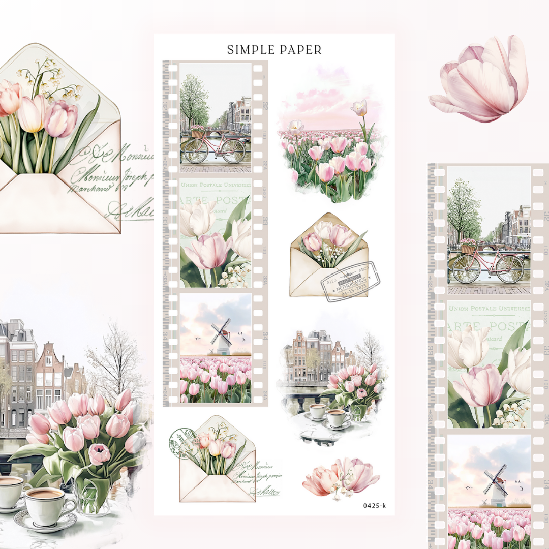 Filmstrip sticker with canal, tulip and windmill frames, tulips in vintage envelopes and a cafe table, Tulip Memoirs Sheet K