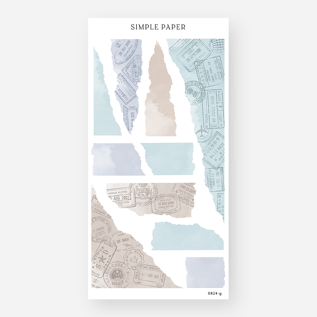 Torn paper sticker strips with passport stamps in pastel blue, lavender and tan, August 2024 Sheet G