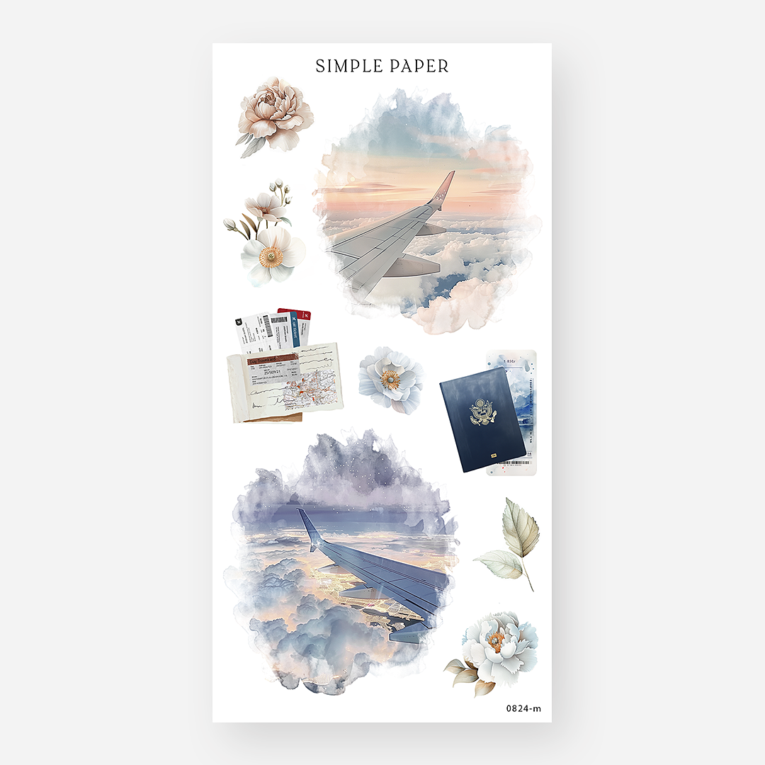 Airplane wing window views, passport and boarding pass stickers with florals, August 2024 Sheet M