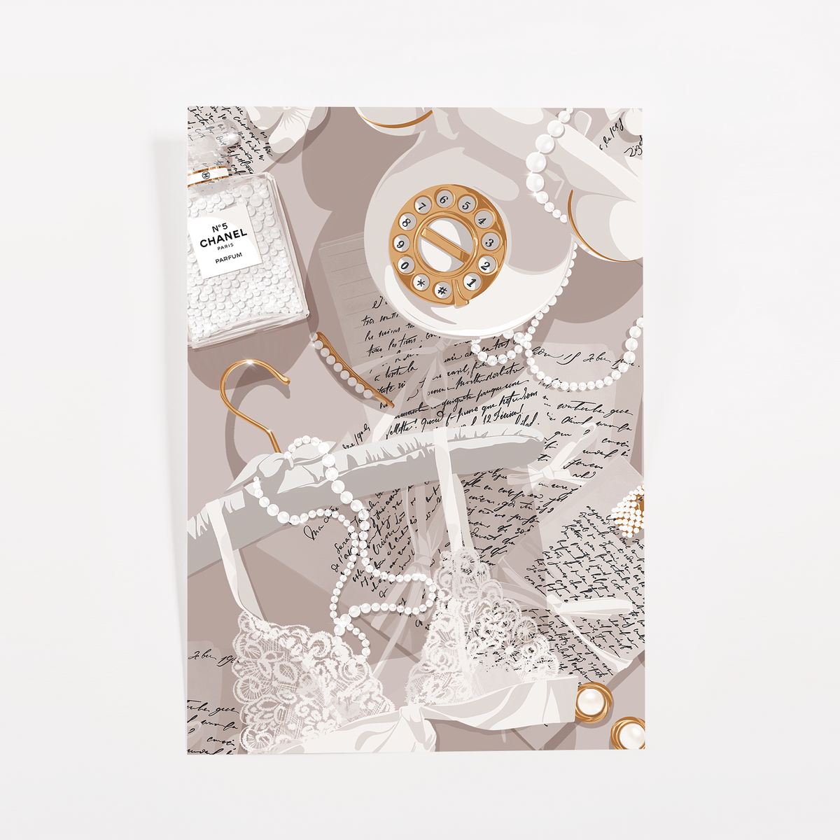 Taupe journaling card with a gold rotary telephone, pearl strands, lace, a gold hanger, and handwritten love letters