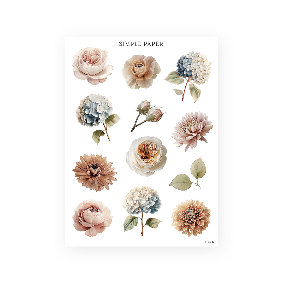 Single rose, blue hydrangea and dahlia stickers with rosebuds and sage leaves, Cafecito Sheet B