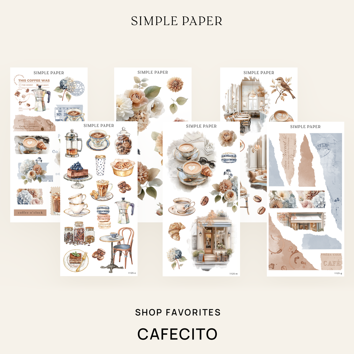 Cafecito Shop Favorites bundle of sticker sheets with lattes, cafe interiors, coffee ephemera and hydrangea florals