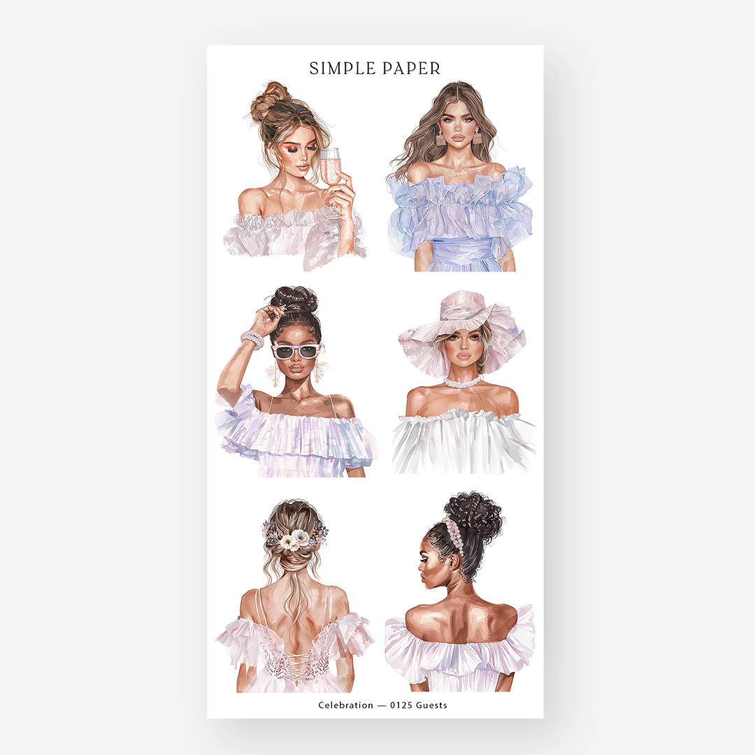 Fashion illustration guests in pastel off-shoulder dresses with sunglasses and a wide-brim hat