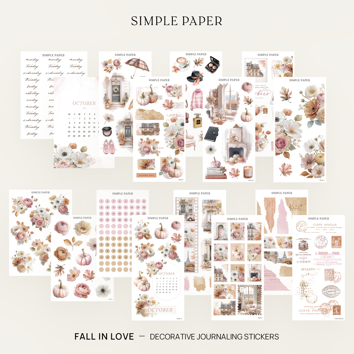 Fall in Love full decorative journaling sticker kit with autumn florals, pumpkins and townhouse scenes