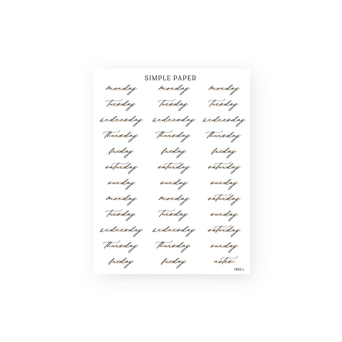 Cursive script days of the week planner stickers with a peach shadow and a notes label, Fall in Love Sheet C
