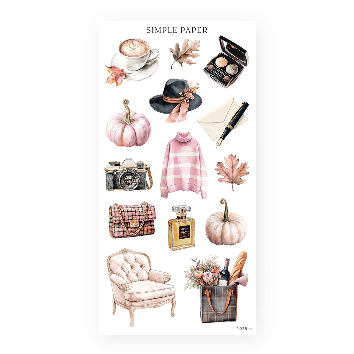 Autumn lifestyle stickers with a latte, felt hat, pink sweater, vintage camera, fountain pen, armchair and pumpkins, Sheet E
