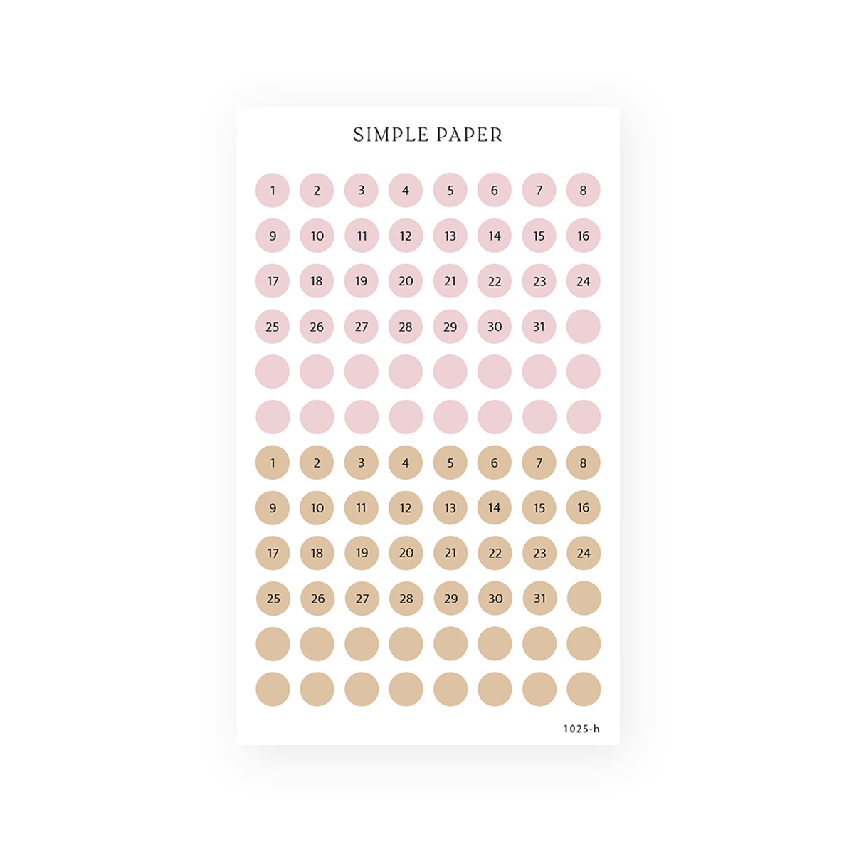 Blush pink and tan date dot stickers numbered 1 to 31 with blank dots, Fall in Love Sheet H