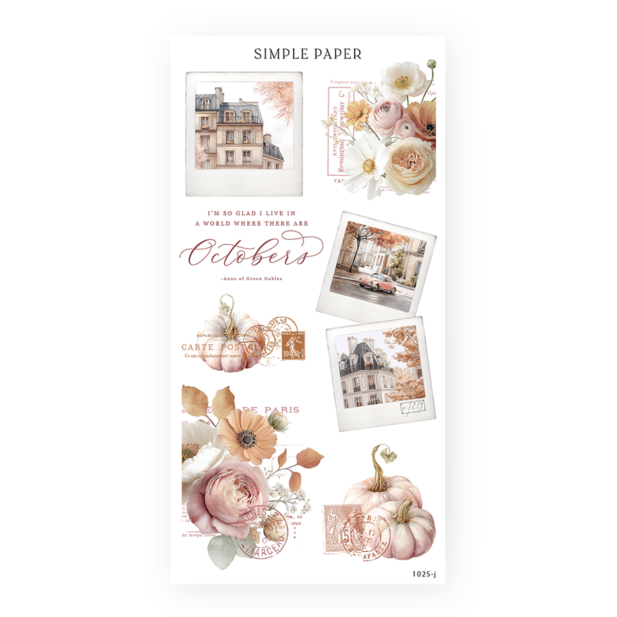 Snapshot stickers of townhouses and a pink car with an Octobers script quote, roses and stamped pumpkins, Sheet J
