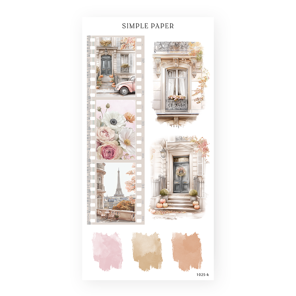 Filmstrip sticker of townhouse doors, roses and a rooftop view of the Eiffel Tower, with doorways and paint swatches, Sheet K