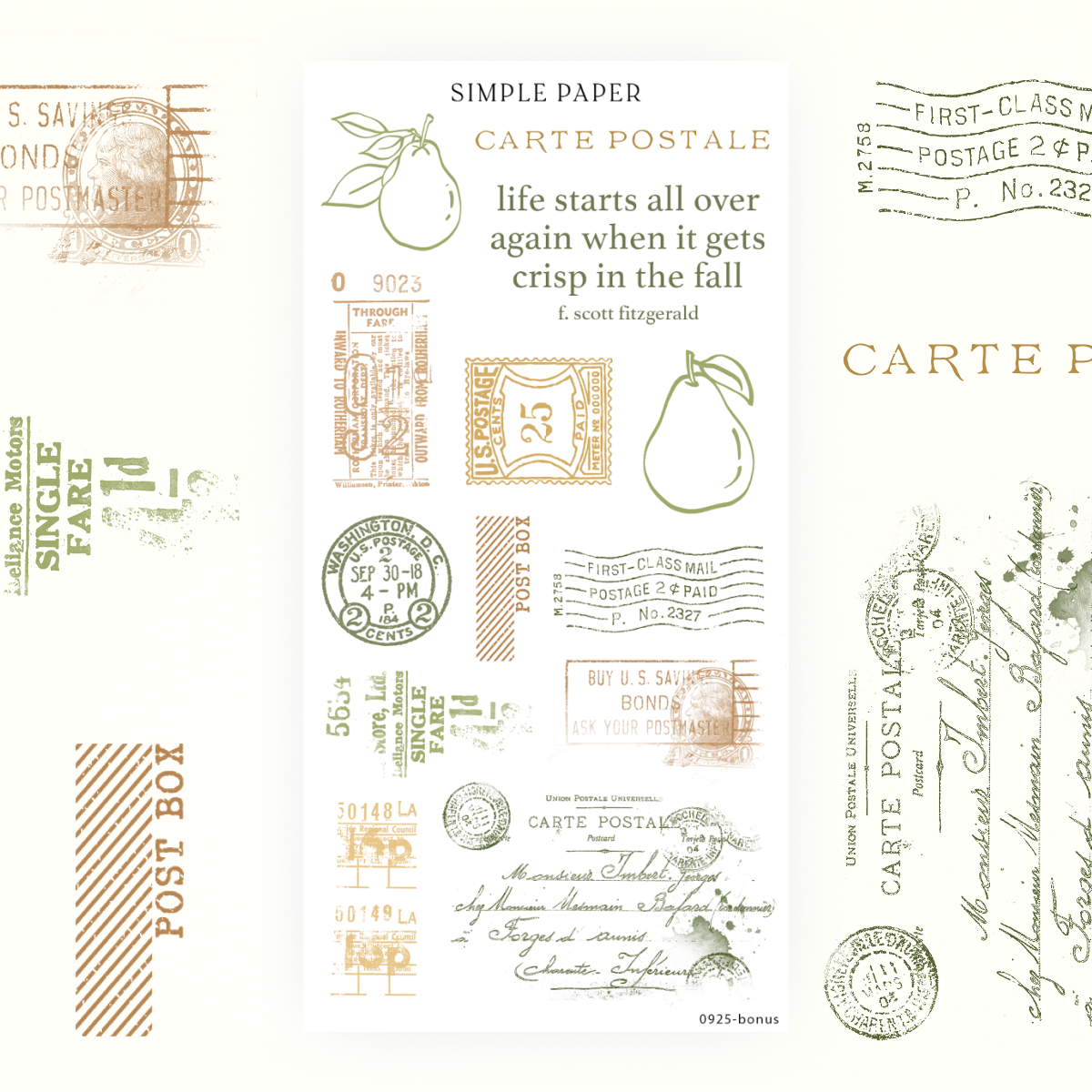 Bonus sheet stickers with pear line drawings, vintage postage stamps, and a fall quote
