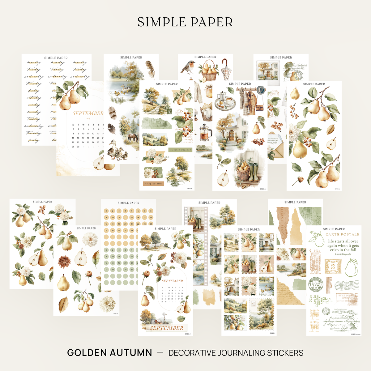 Full kit of stickers with pear branches, dahlias, cottages, and calendar sheets on a white background