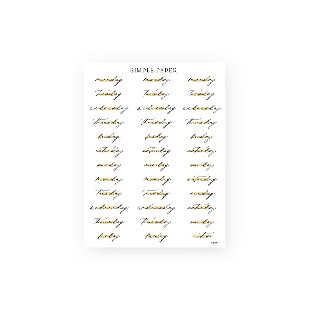 Cursive days of the week stickers in black and gold script with a notes label, Sheet C