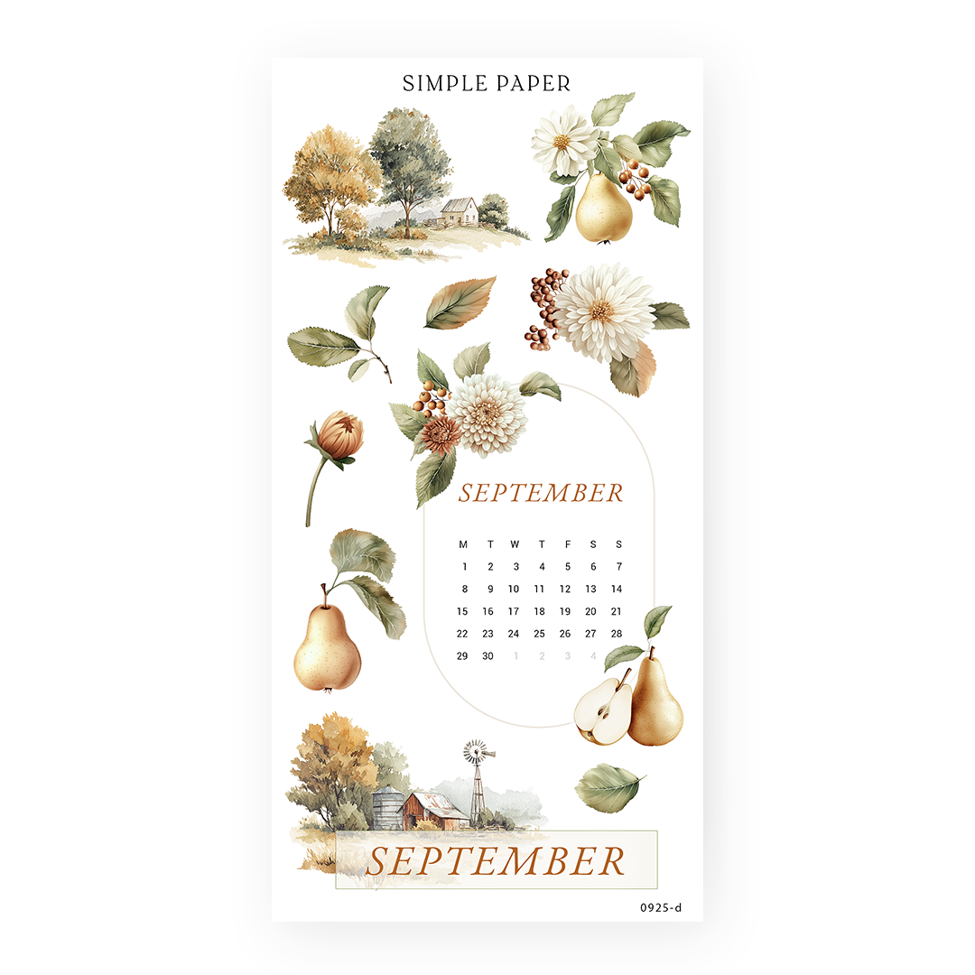 September calendar stickers with dahlia flowers, a pear, and a farmhouse with a windmill, Sheet D