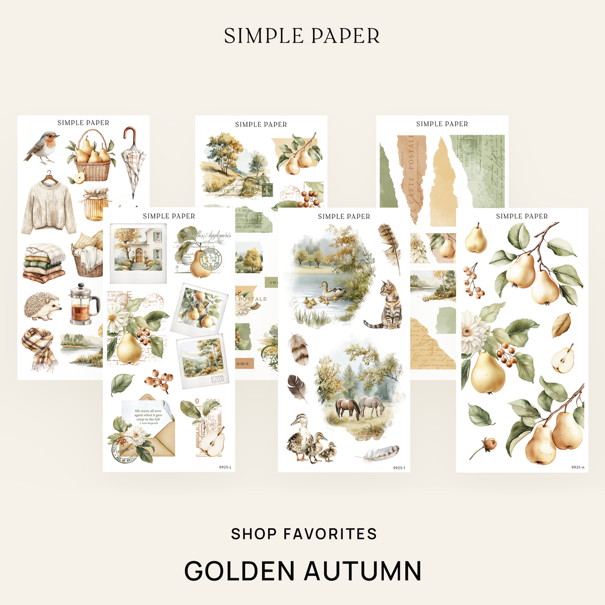 Bundle of sticker sheets with ducks, feathers, pear branches, and torn paper texture on a white background