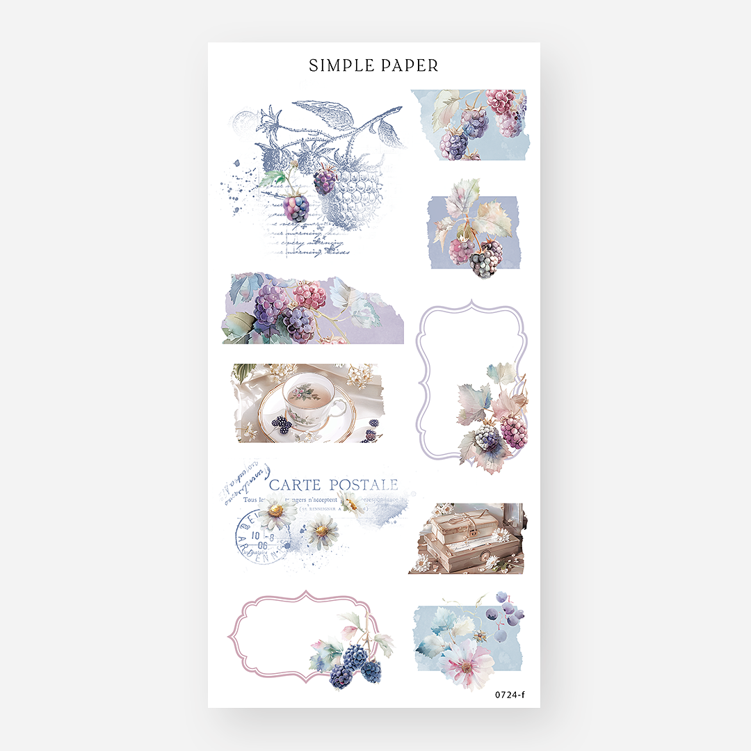 Collage-style sticker sheet with blackberry frames, a teacup, tied letters, and vintage postcard art, July 2024 Sheet F