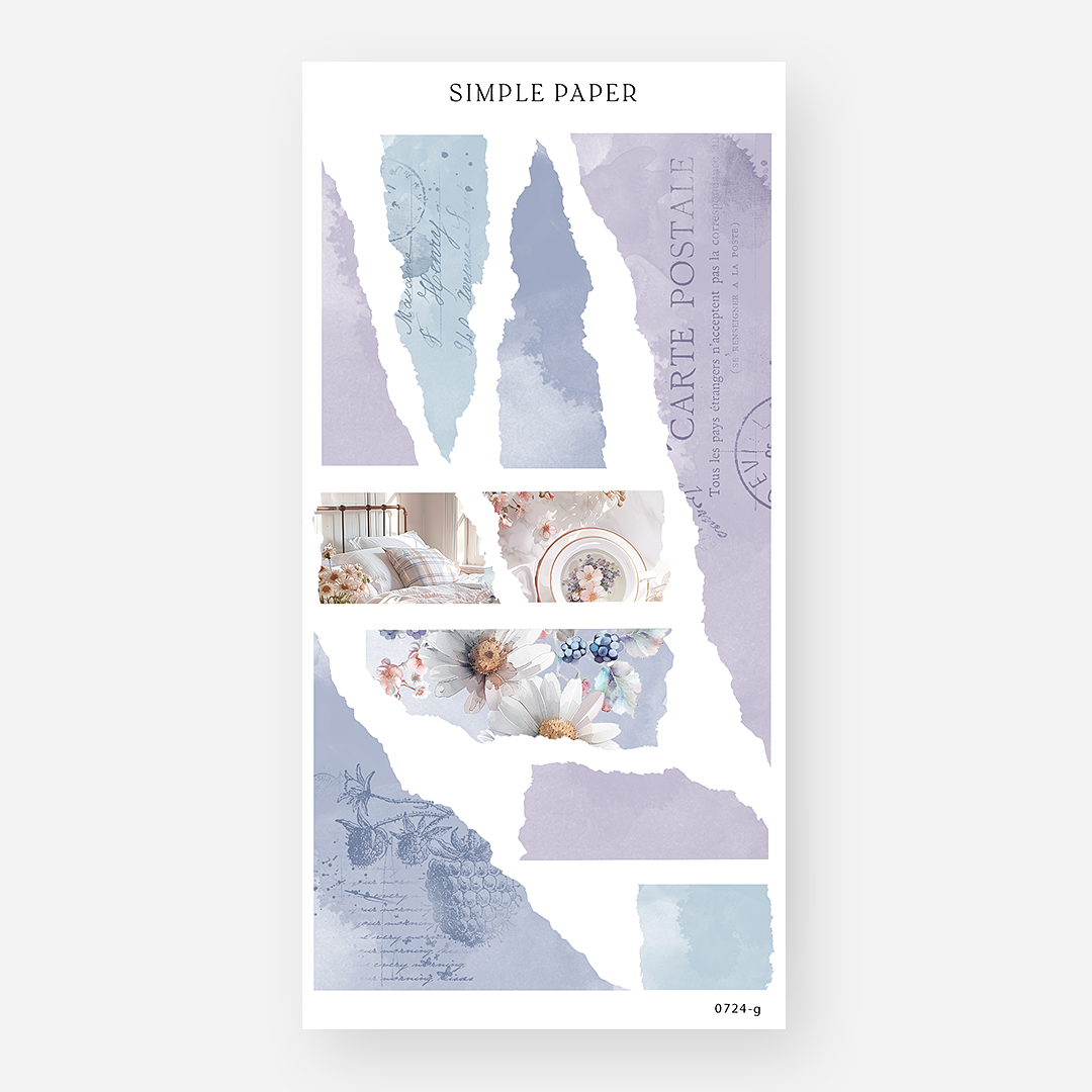 Torn paper collage stickers in lavender and blue with postcard script and daisies, July 2024 Sheet G