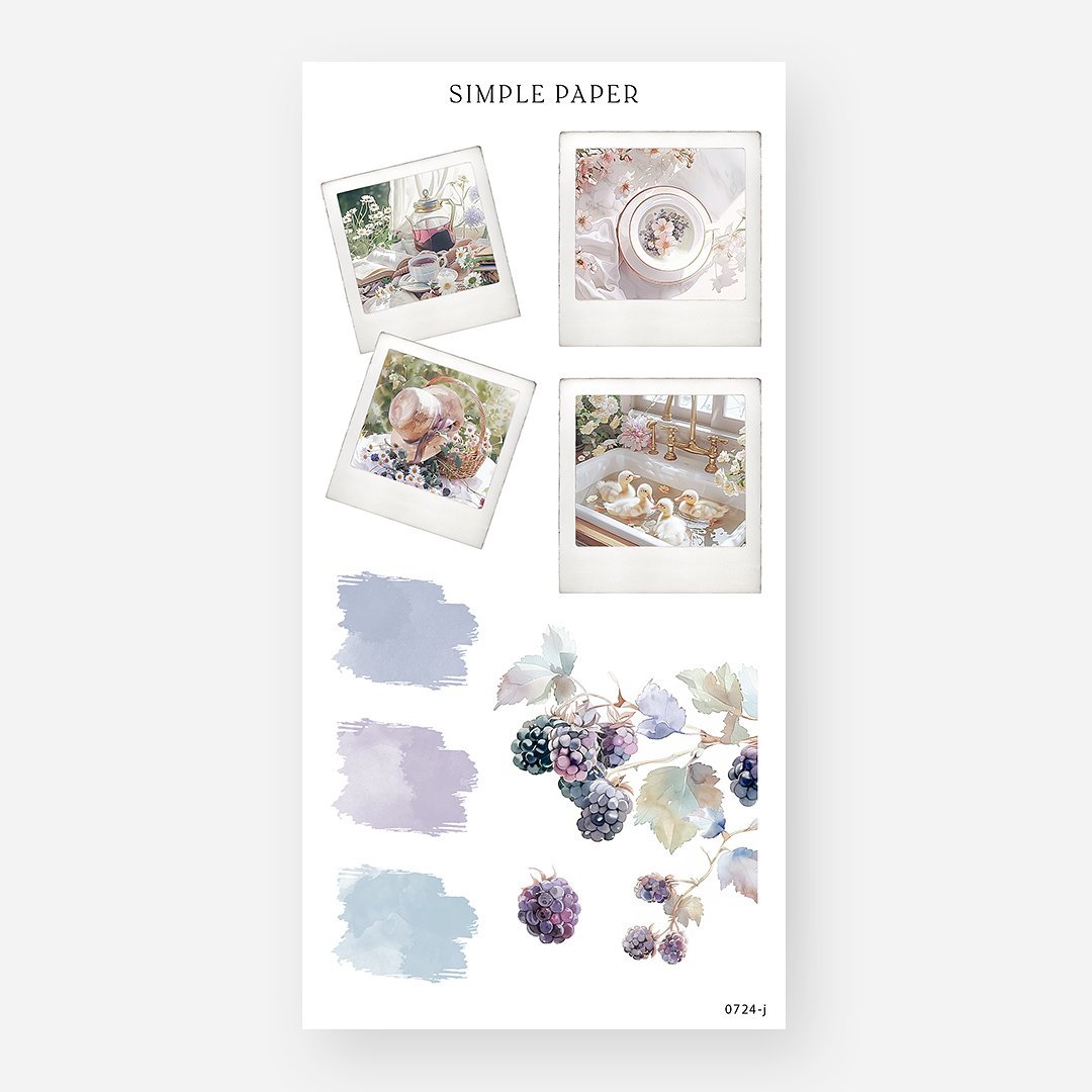 Cottagecore snapshot stickers with berries, ducks, teacups and color swatches, July 2024 Sheet J by Simple Paper