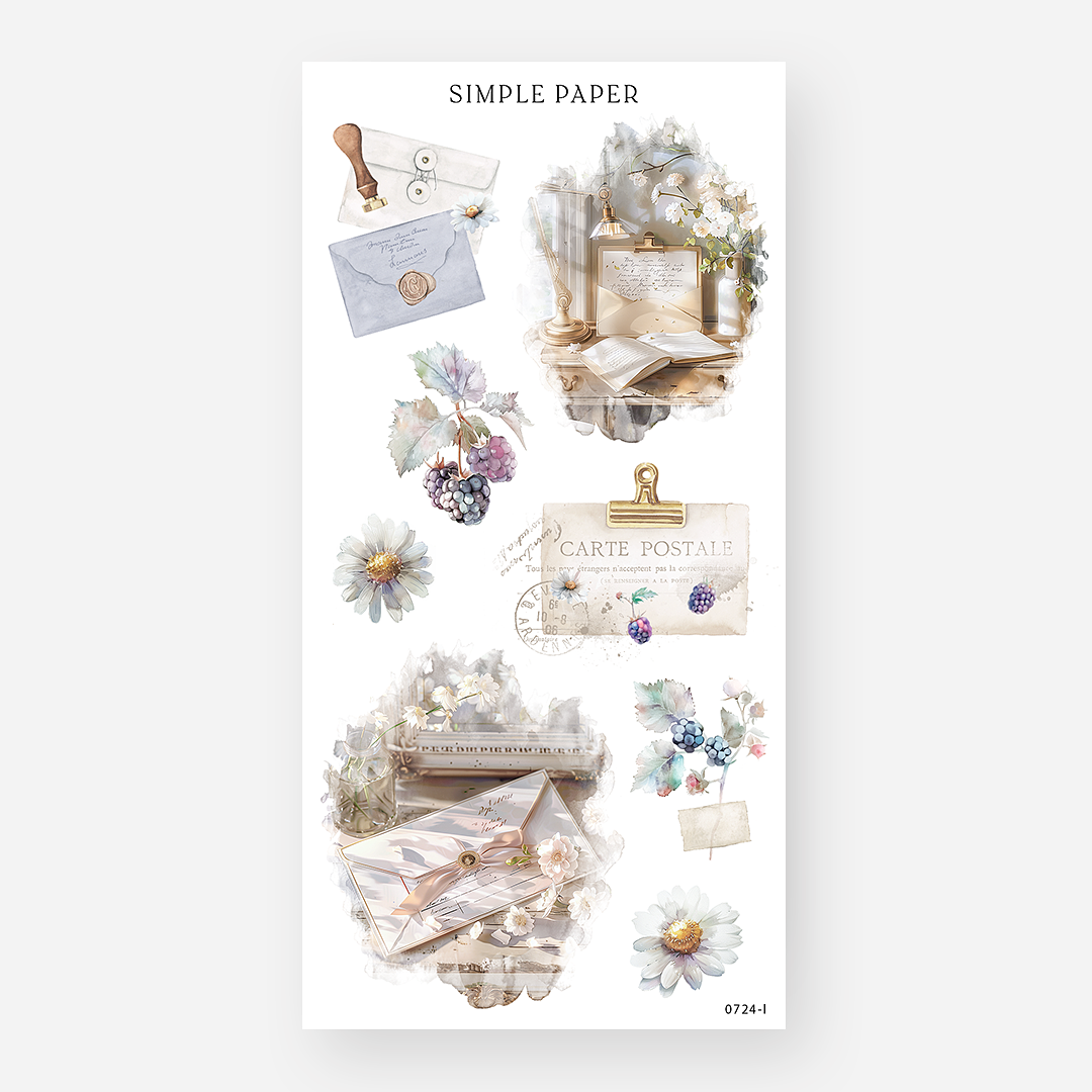 Vintage stationery stickers with a wax seal envelope, a writing desk scene, and berry accents, July 2024 Sheet L