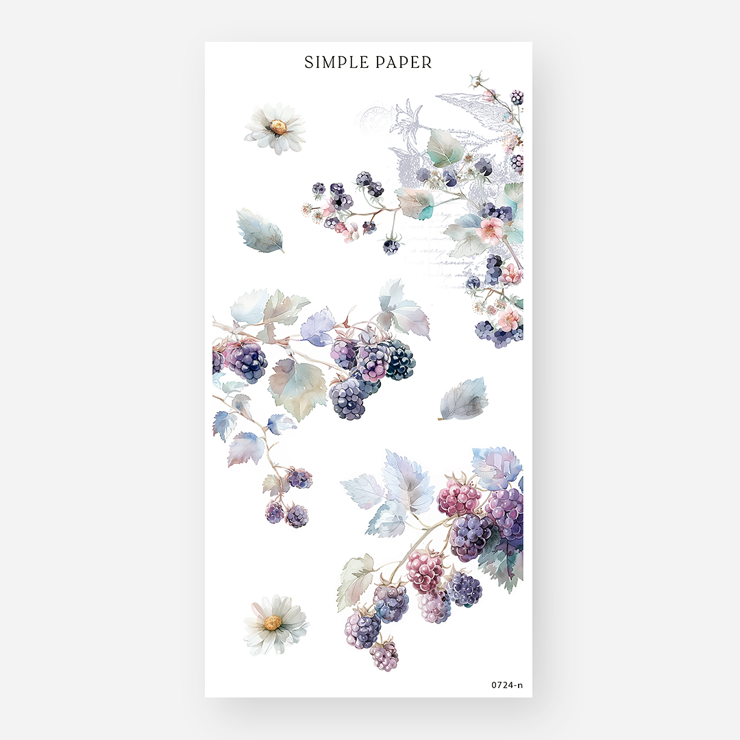 Trailing blackberry vine stickers with soft daisies and a faded script overlay, July 2024 Sheet N