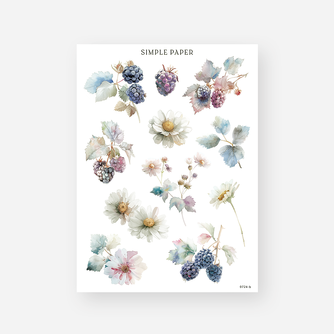 Blackberry branches and white daisies with soft watercolor leaves, July 2024 Sheet B