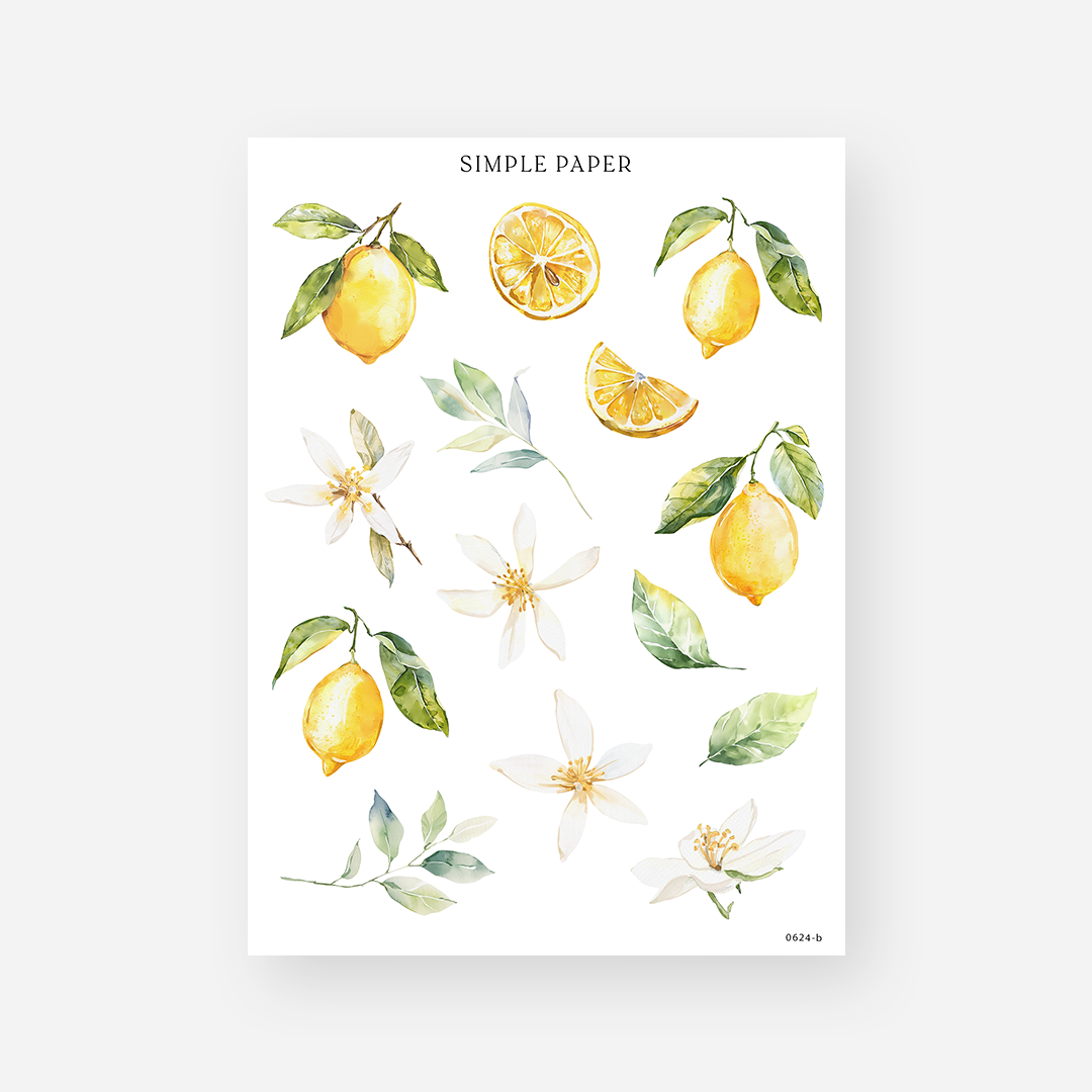 Lemon and citrus blossom stickers with lemon slices and leaf sprigs, June 2024 Sheet B