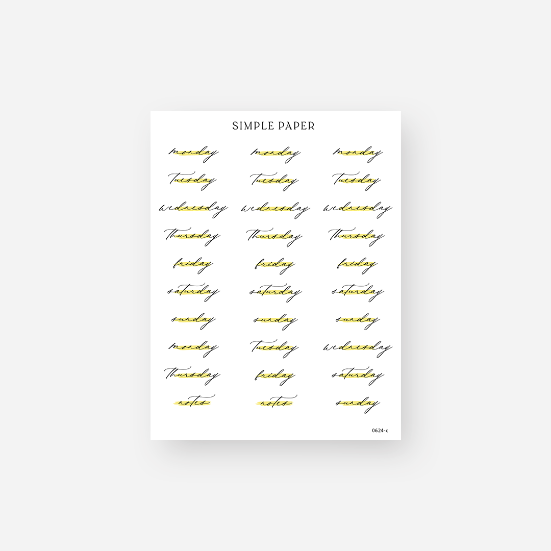 Black script days of the week planner stickers with yellow highlights and notes labels, June 2024 Sheet C