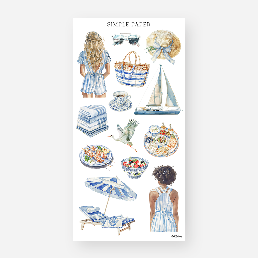 Coastal lifestyle stickers with sailboat, beach umbrella and mezze platter, June 2024 Sheet E