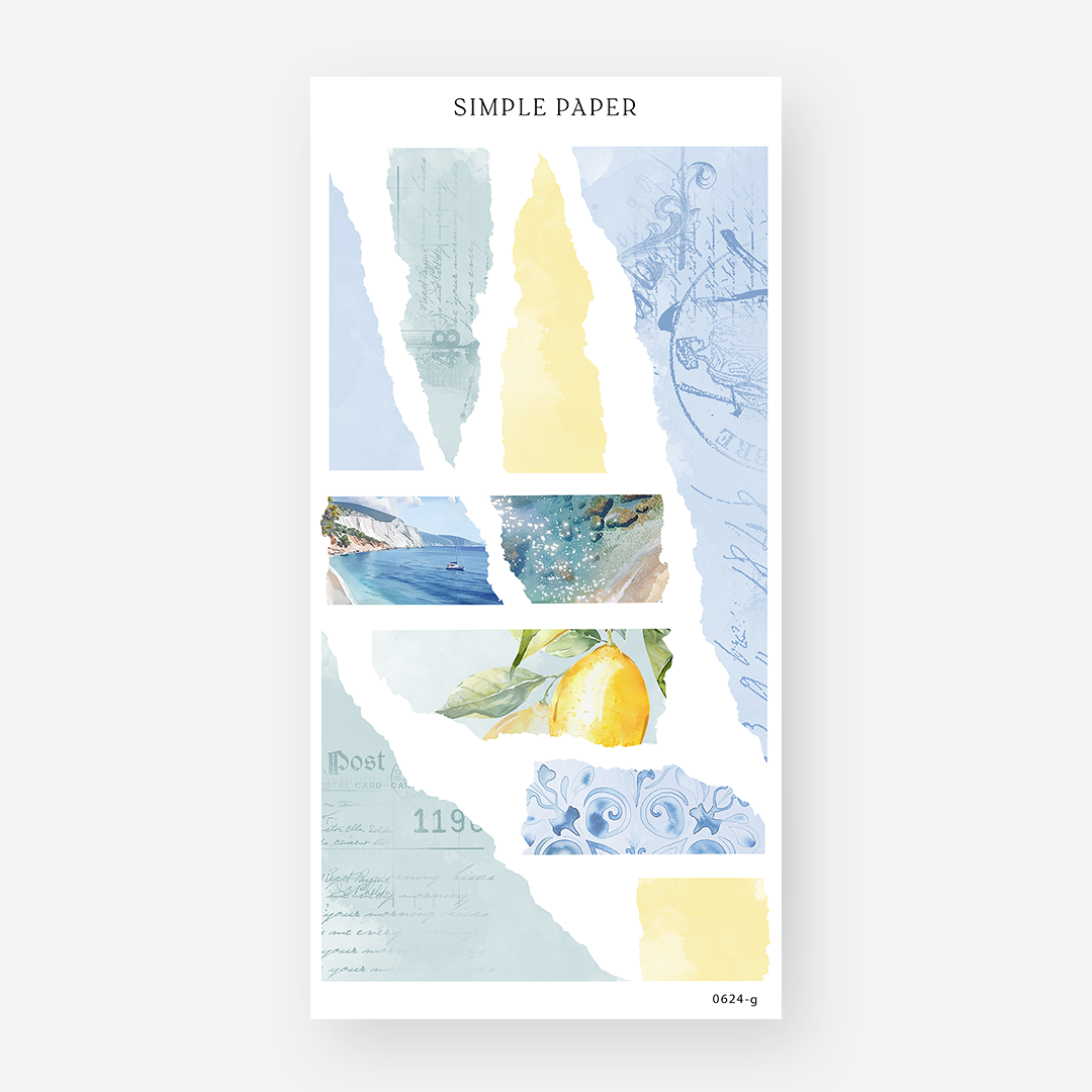 Torn washi strip stickers in lemon yellow and blue with coastal cliff scenes, June 2024 Sheet G