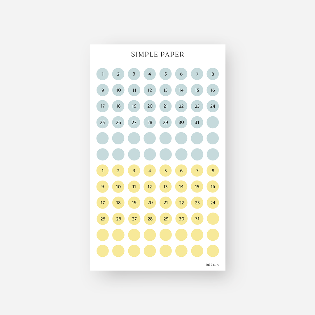 Sage green and lemon yellow date dot stickers numbered 1 to 31 with blank dots, June 2024 Sheet H