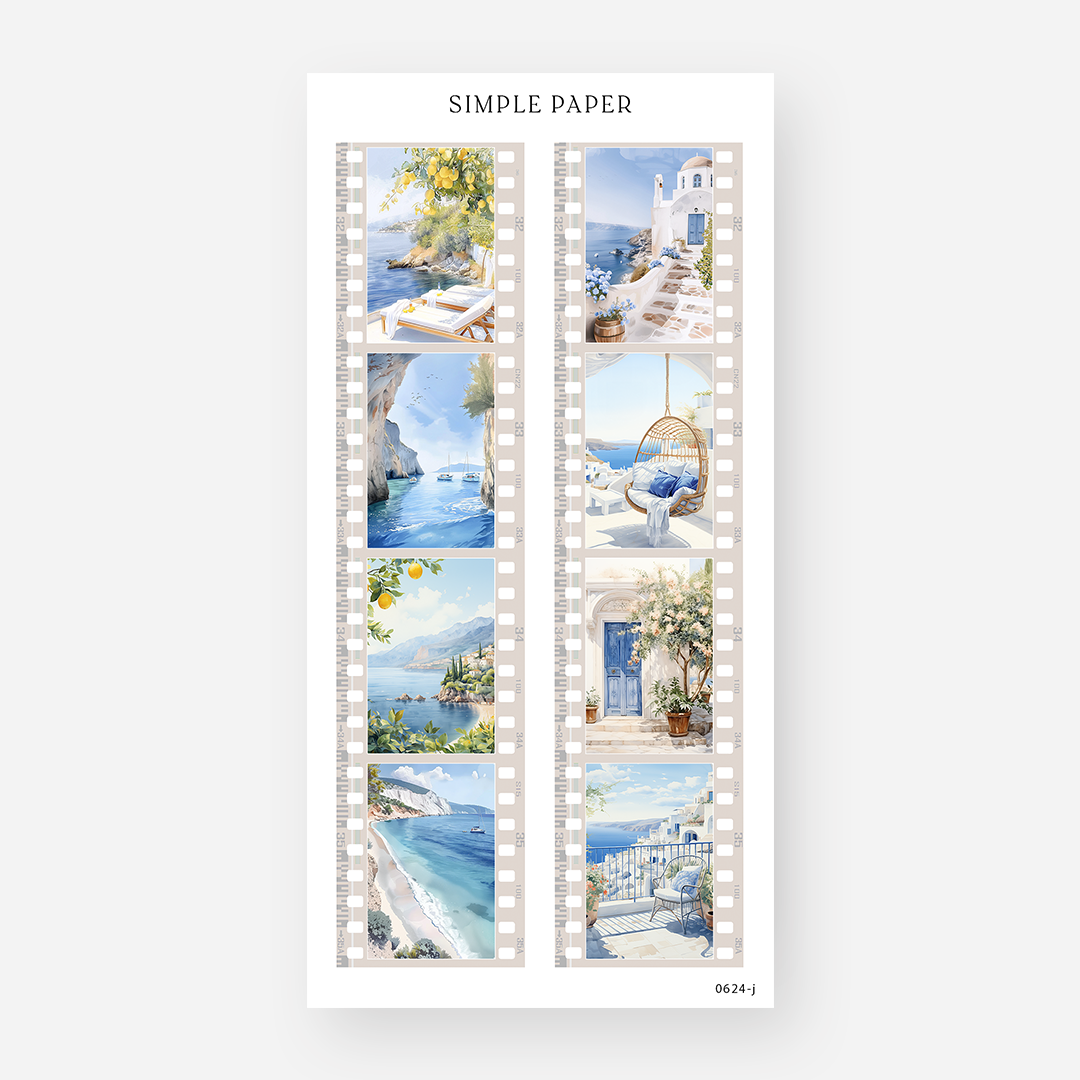 Coastal filmstrip stickers with cliff views, blue water and whitewashed buildings, June 2024 Sheet J