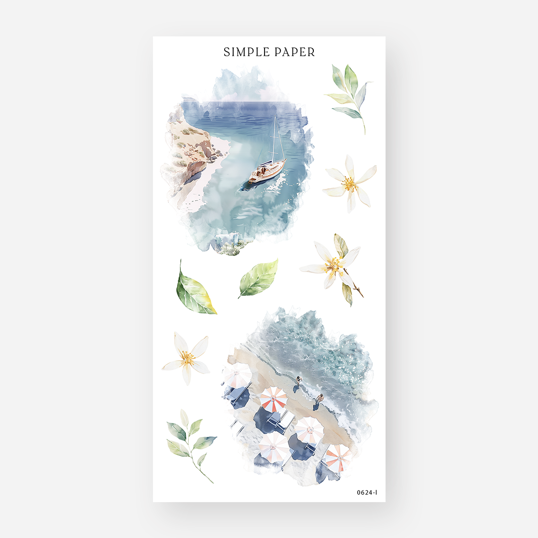 Seaside stickers with sailboat cove, striped beach umbrellas and citrus blossoms, June 2024 Sheet L