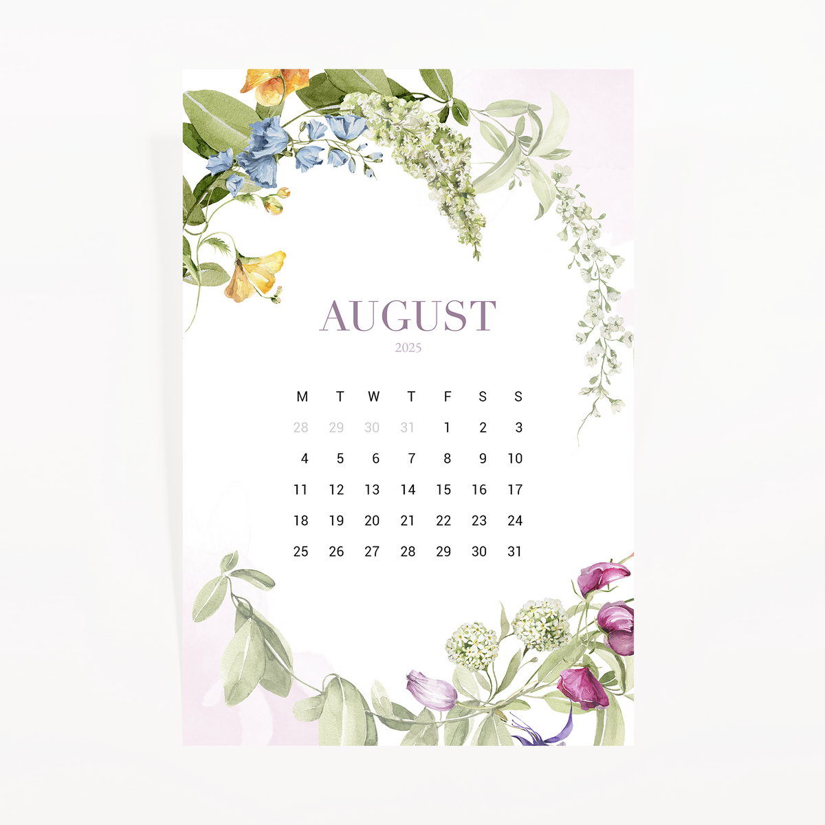 August 2025 calendar card framed by a blue, white and purple floral wreath