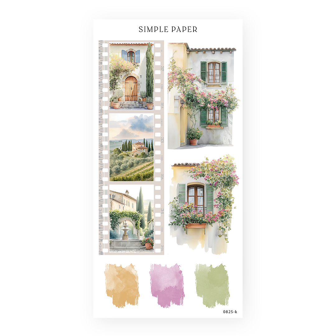 Filmstrip photo frames, bougainvillea covered windows and paint swatches in mustard, mauve and sage, Sheet K