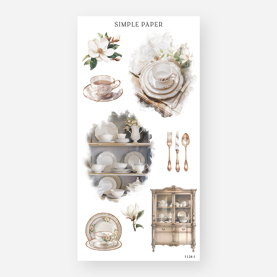 Heirloom china, gold flatware and china cabinet stickers with magnolias, November 2024 Sheet L