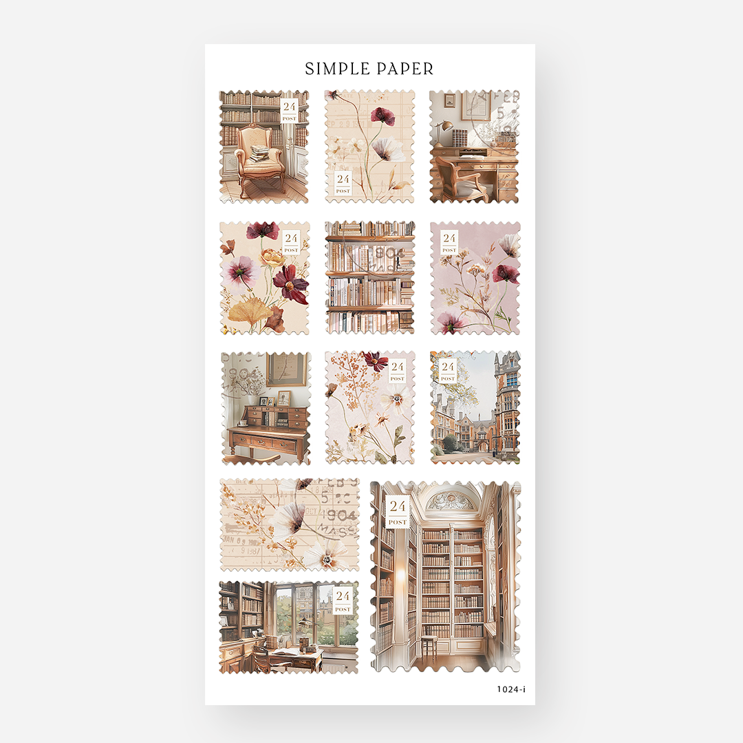 Postage stamp style stickers with reading rooms, bookshelves and pressed florals, October 2024 Sheet I