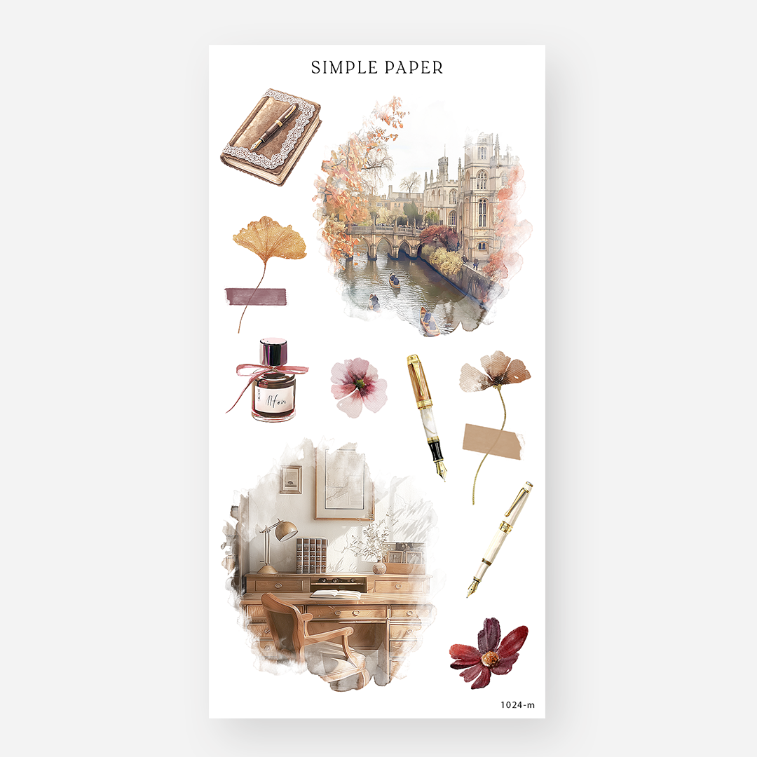 Autumn stationery stickers with a leather journal, fountain pens, dried flowers and a riverside scene, October 2024 Sheet M
