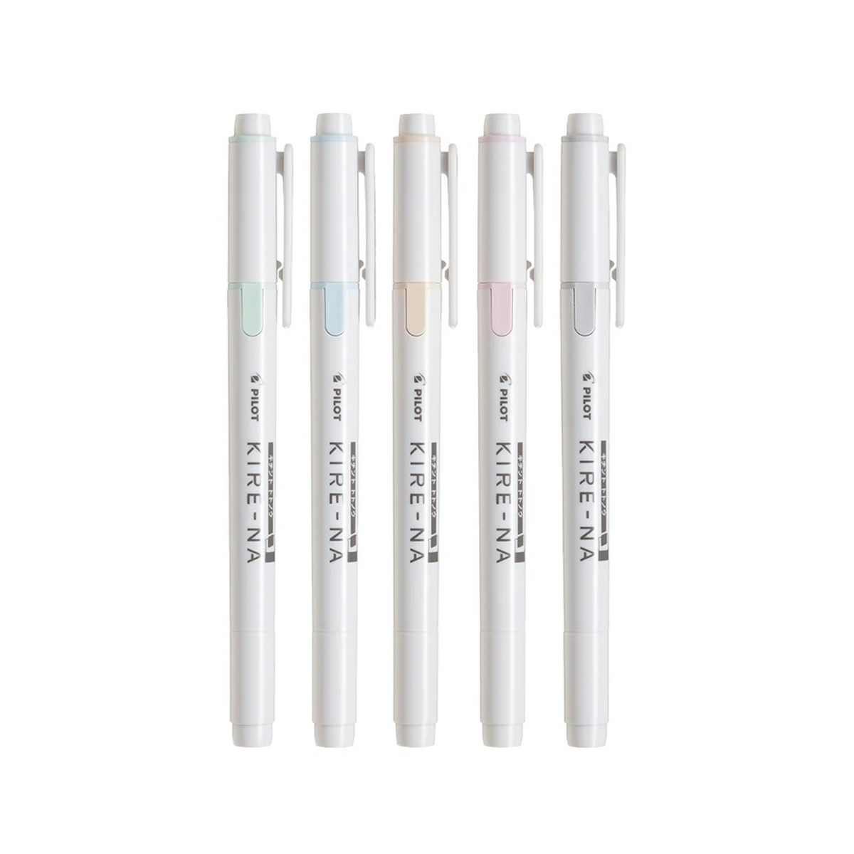 Set of five Pilot Kire-Na double-sided highlighters in pale pastel colors arranged vertically on a white background.