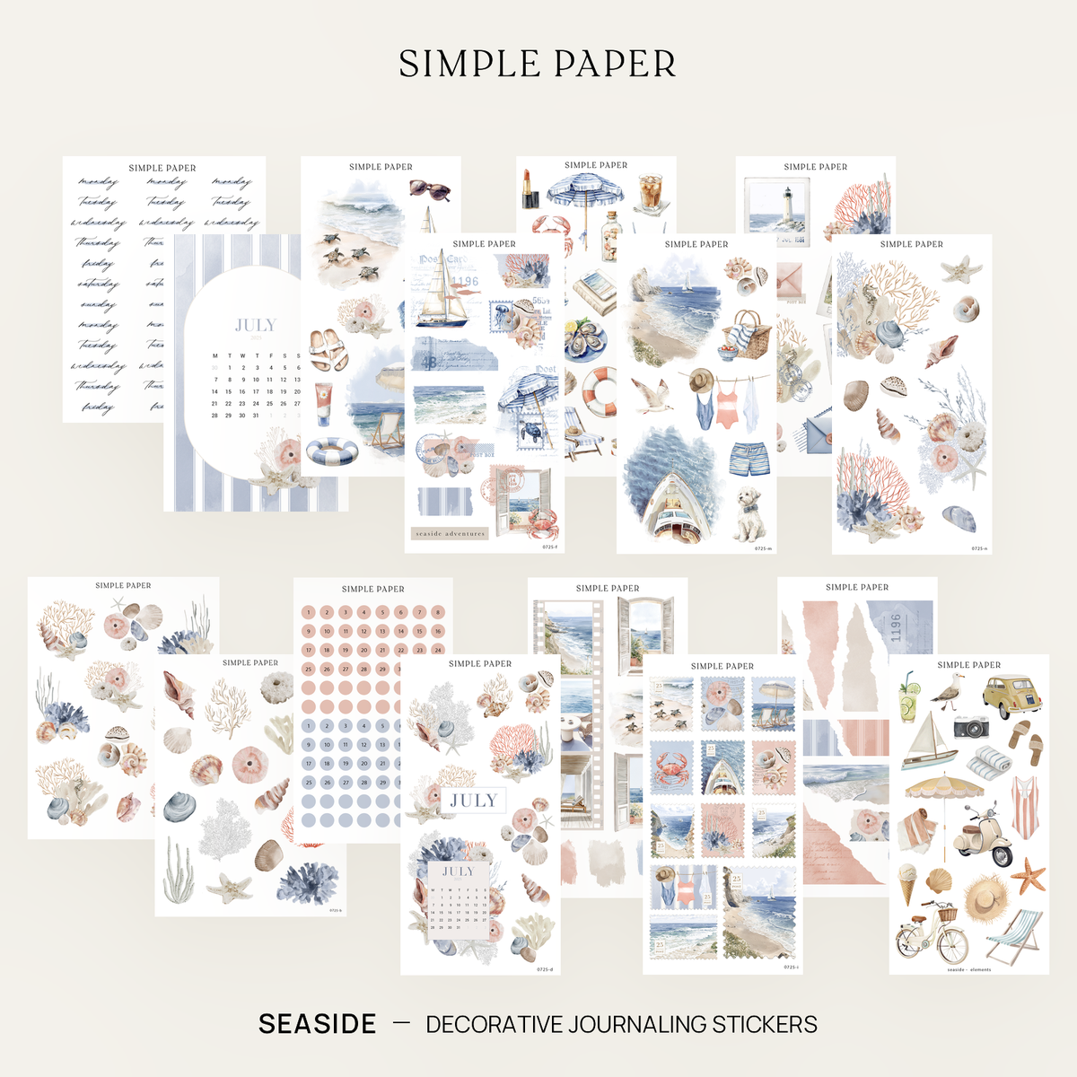 Full Seaside sticker kit overview with sea turtles, sailboats, coral, shells and postage stamps