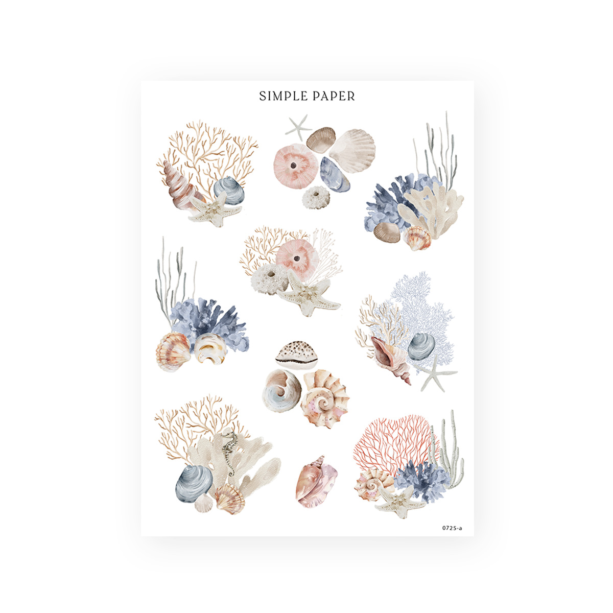 Coral and shell stickers in tan, blue and red with a starfish and sea urchin, Sheet A