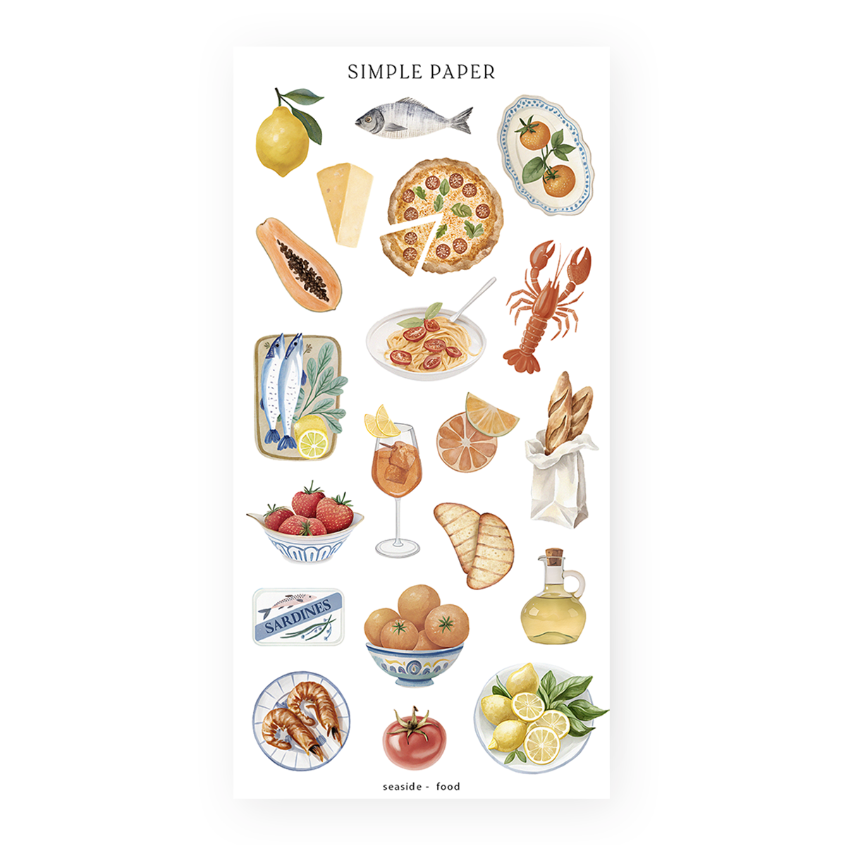 Mediterranean food stickers with lemons, fish, pizza, lobster, pasta and a spritz cocktail, Adventures Sheet 2