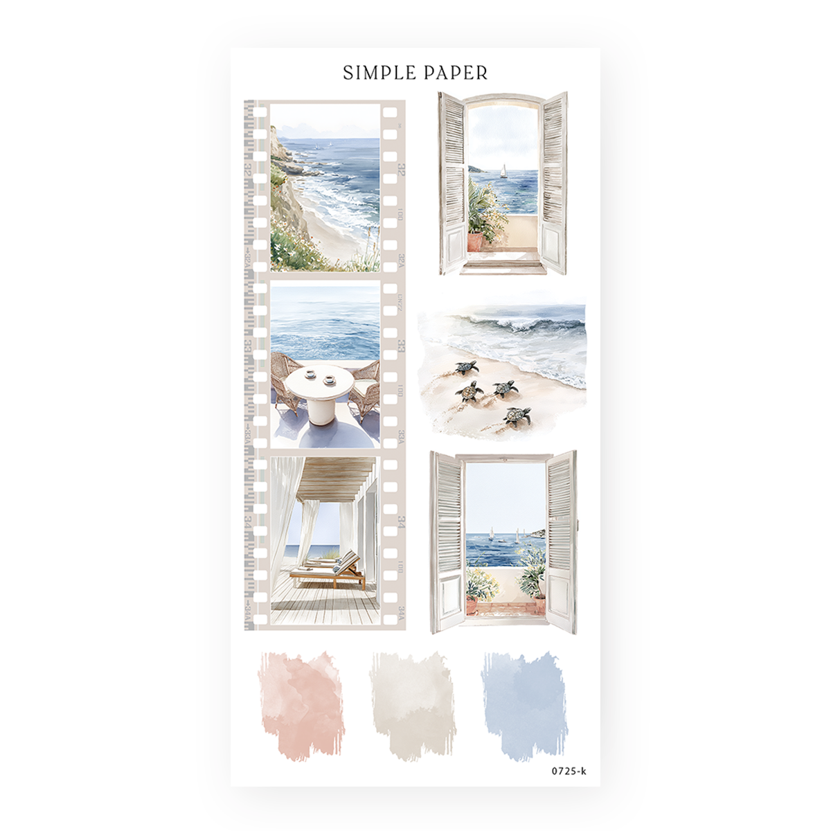 Filmstrip and shuttered window stickers with coastal views, turtles and paint swatches, Sheet K