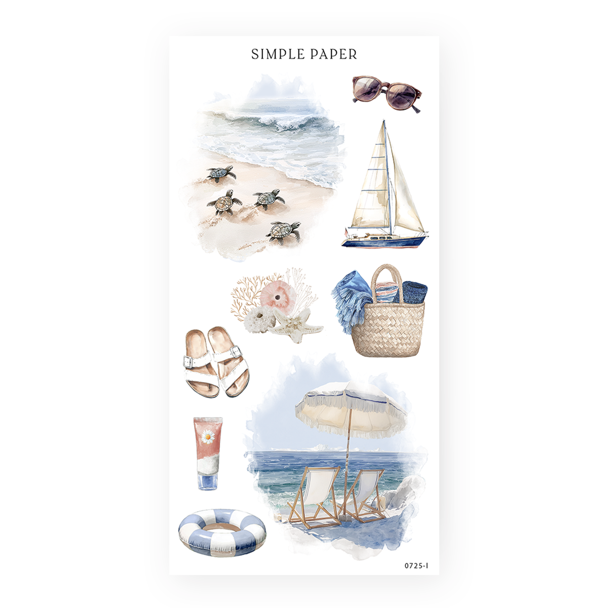 Sea turtles, beach umbrellas, sailboats, and summer accessories—perfect for breezy coastal spreads, vacation journaling, and seaside memory pages