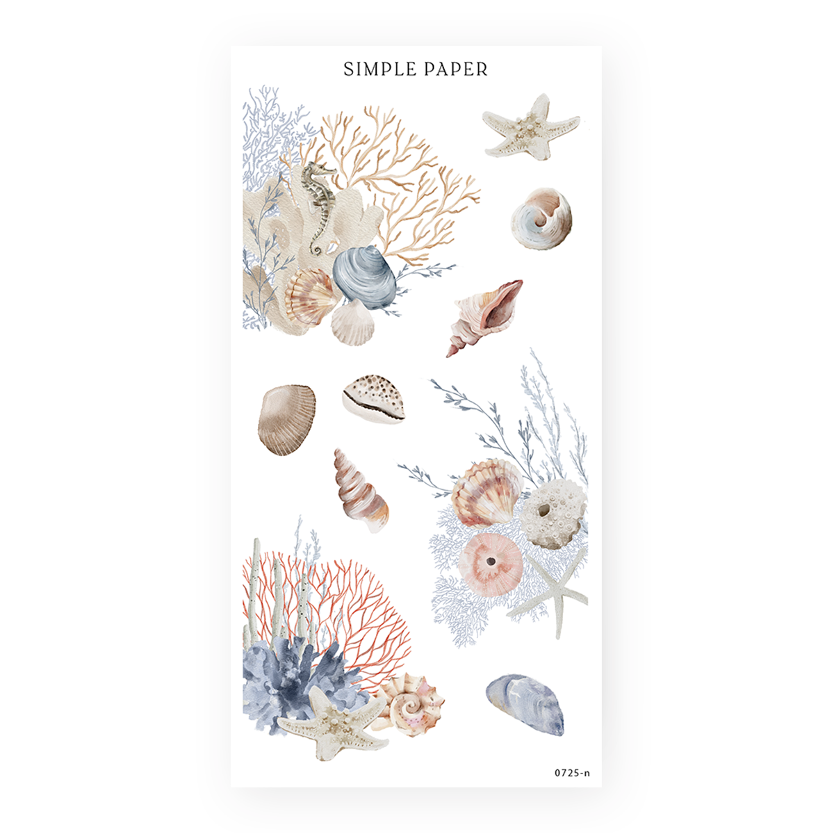Coral stickers with a seahorse, shells, a starfish and a sea urchin, Sheet N