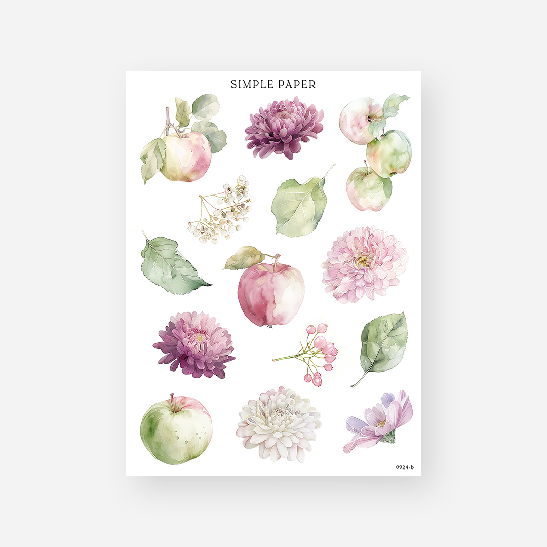 Single apple, chrysanthemum, leaf, and berry sprig stickers on white, September 2024 Sheet B