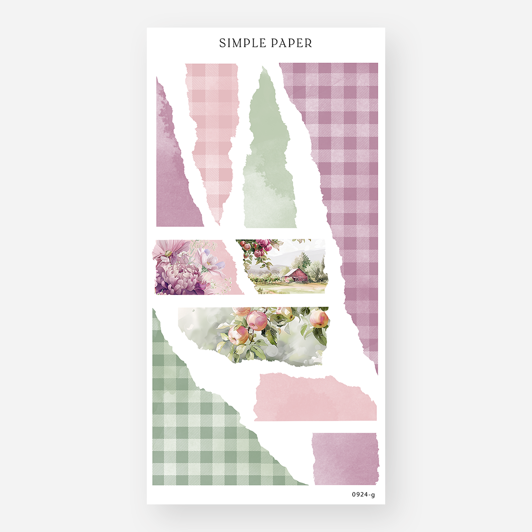 Torn paper gingham strip stickers with an orchard barn scene and apple branches, September 2024 Sheet G