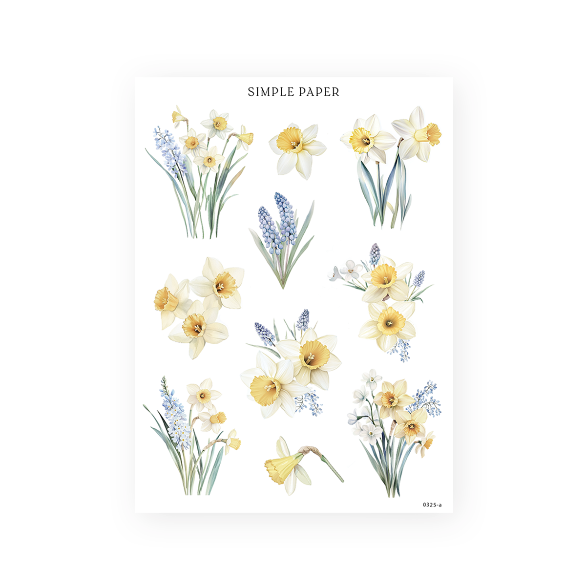 Daffodil and grape hyacinth bouquet stickers in loose arrangements, Sheet A